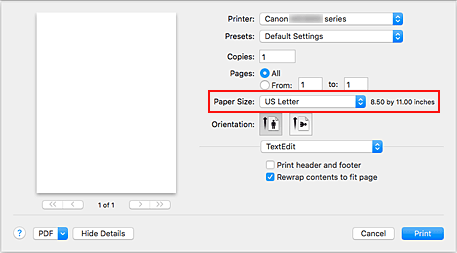 figure:Paper Size in the Print dialog